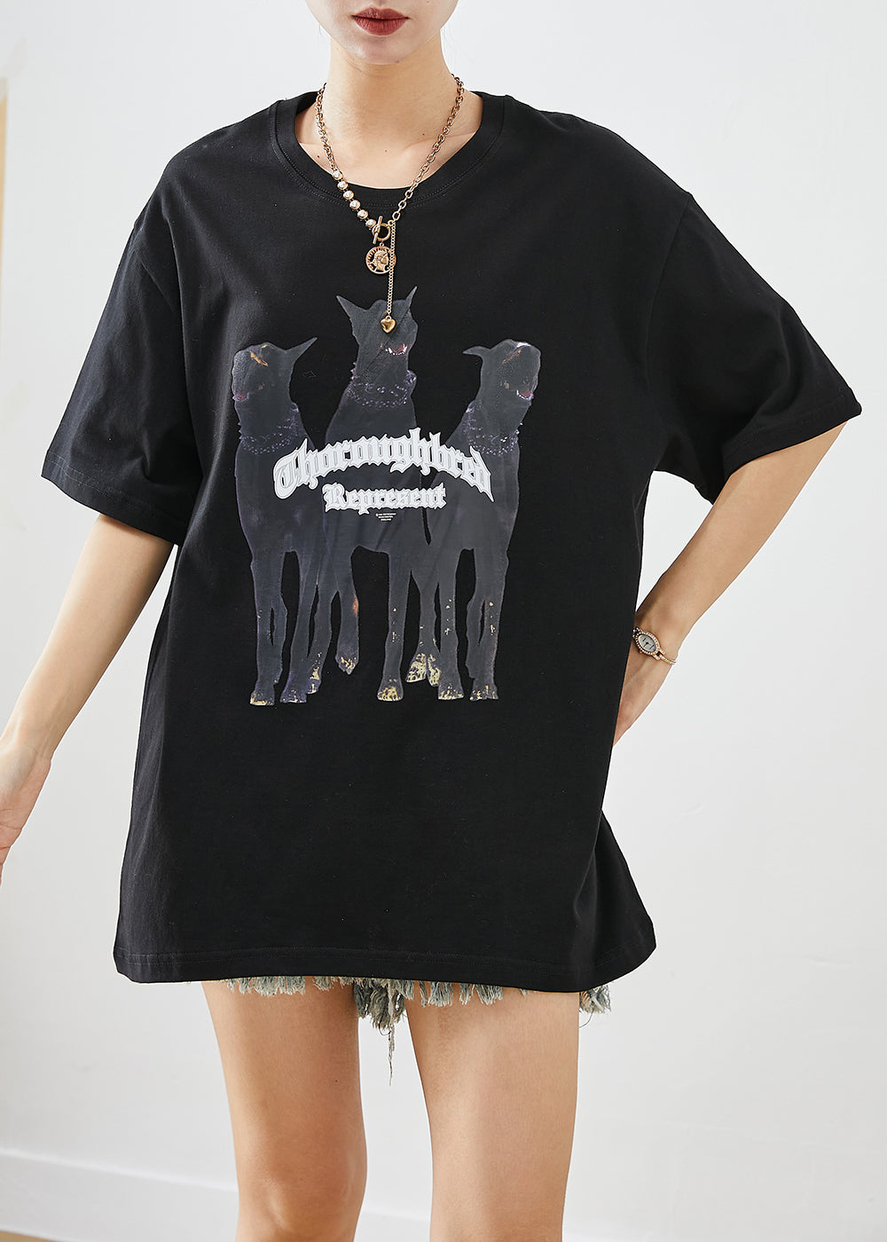 Black Oversized Print Cotton Tops Summer