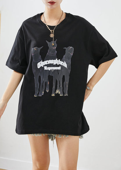 Black Oversized Print Cotton Tops Summer