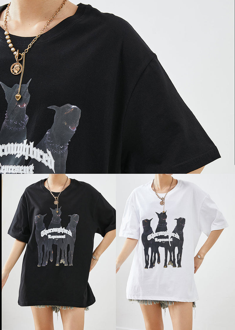 Black Oversized Print Cotton Tops Summer