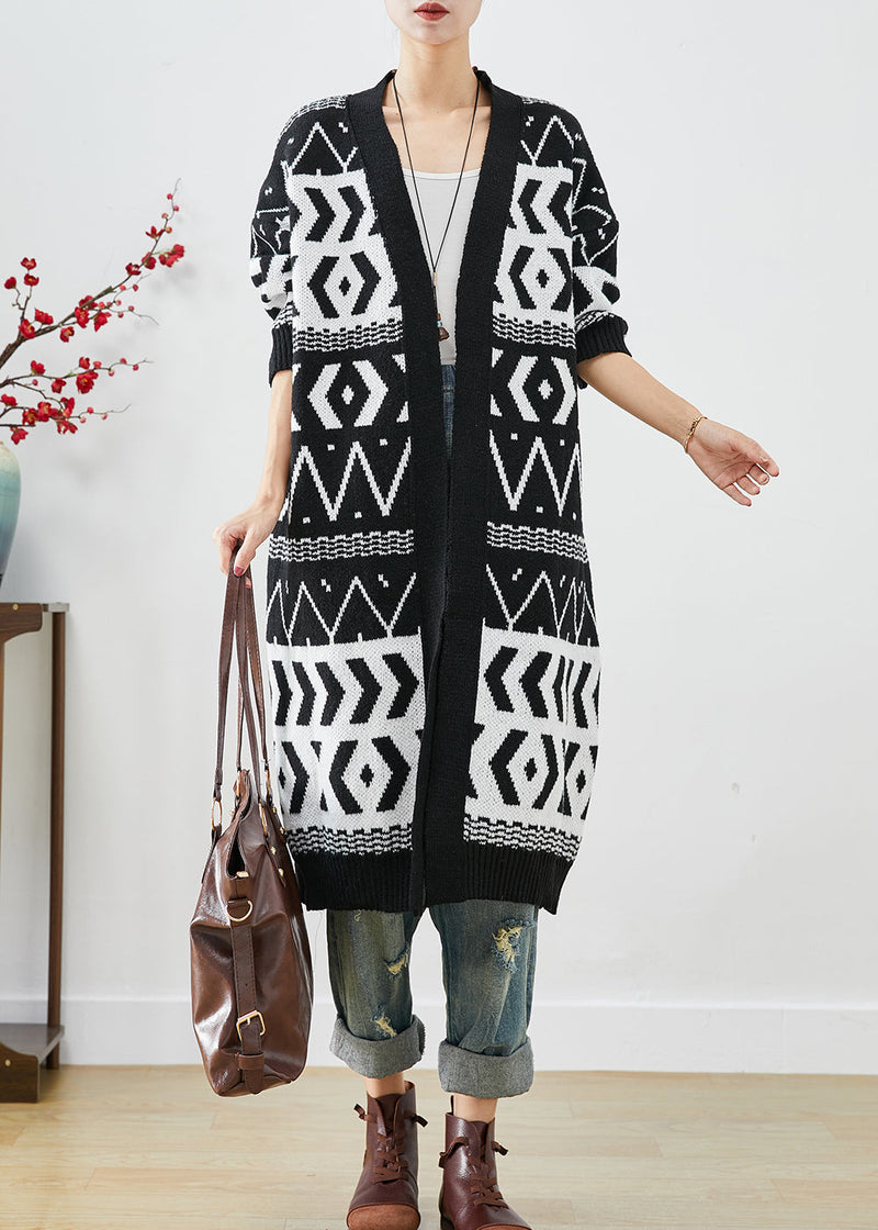 Black Oversized Print Knit Long Cardigans Fall