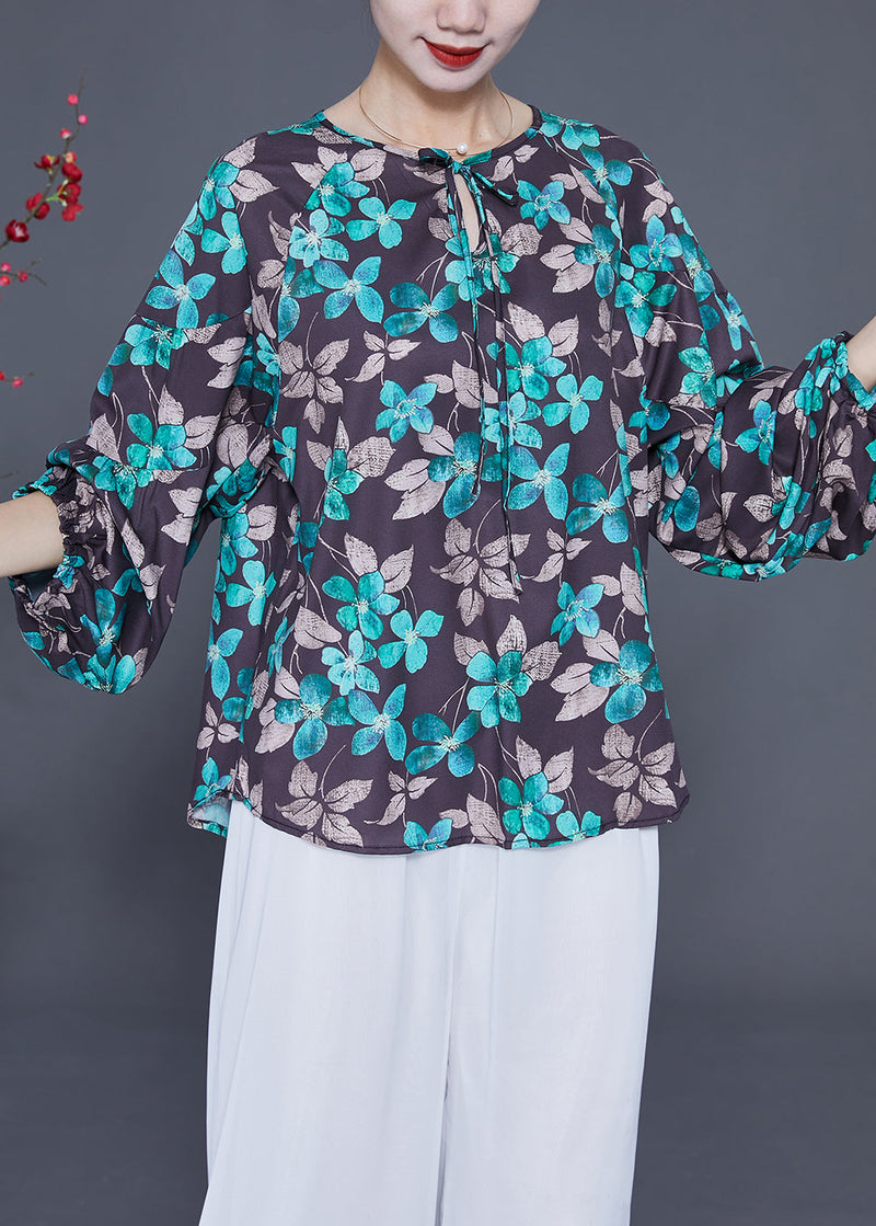 Black Oversized Print Lace Up Silk Top Spring
