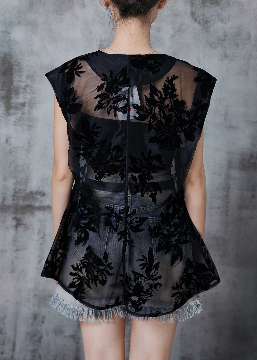 Black Oversized Print Tulle Shirt Tops Sleeveless
