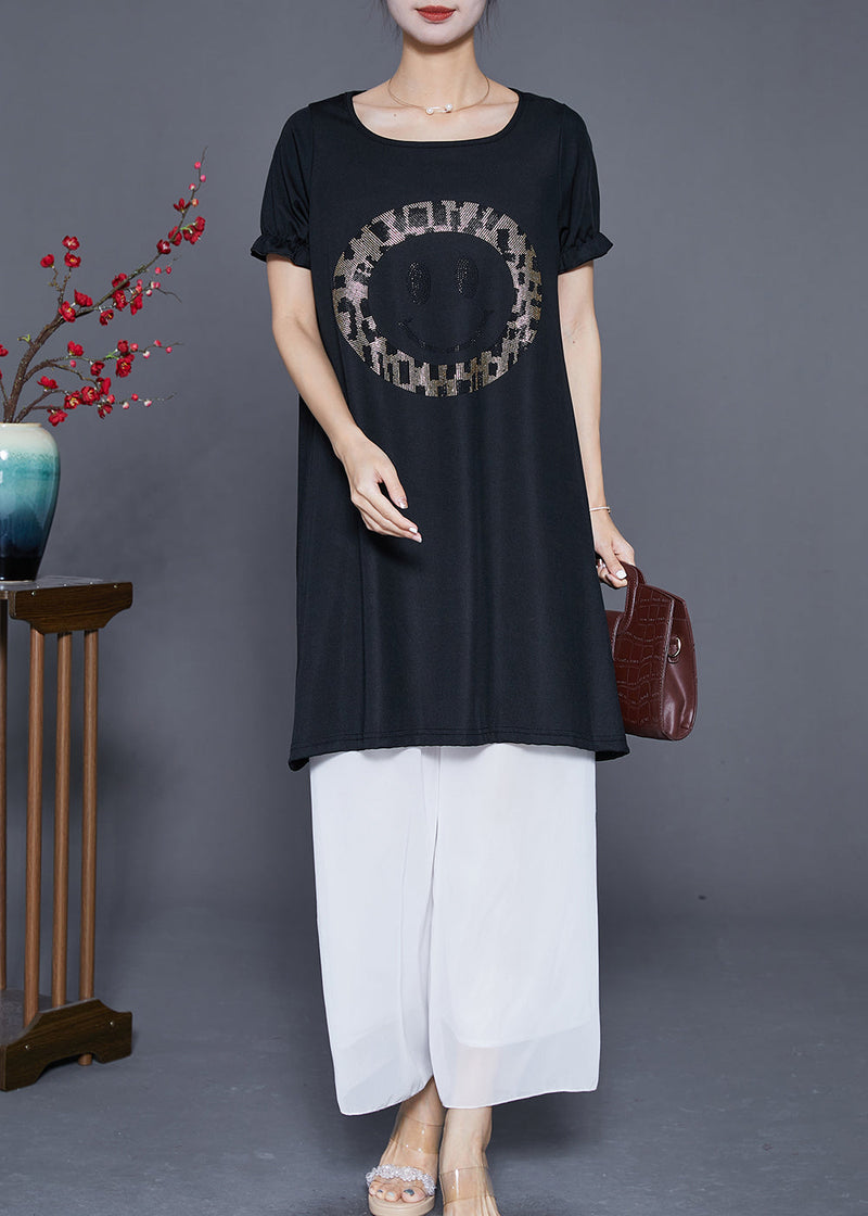 Black Oversized Smiling Face Zircon Chiffon Dresses Summer