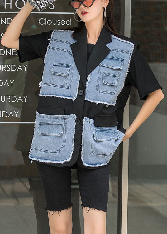 Black Patchwork Button Pockets Fall Sleeveless Waistcoat