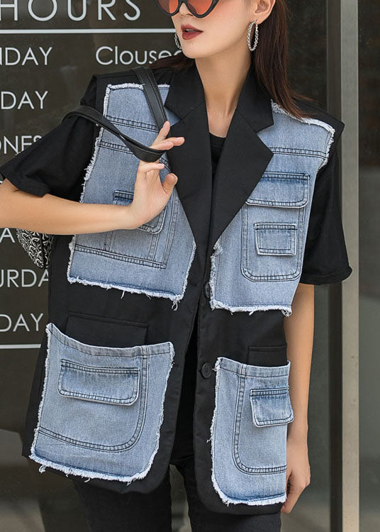Black Patchwork Button Pockets Fall Sleeveless Waistcoat