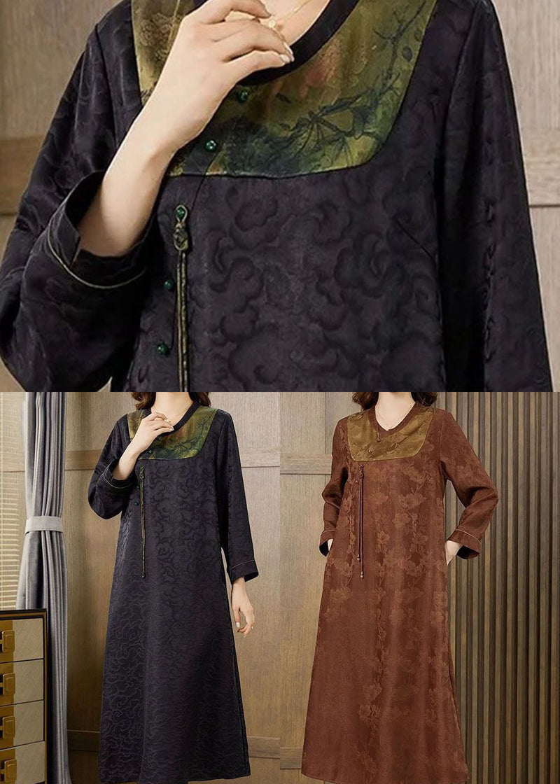 Black Patchwork Jacquard Silk Long Dress Fall