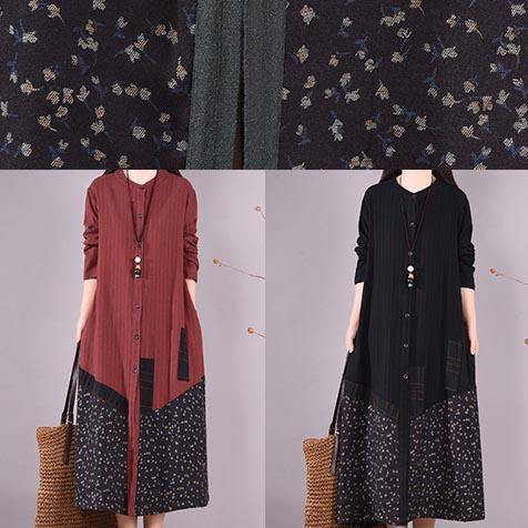 Black Patchwork Print Tunic O Neck Pockets Maxi Spring Dresses