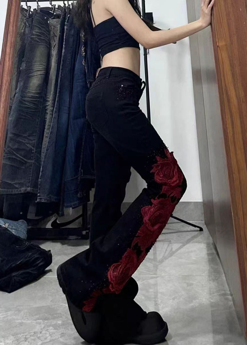 Black Patchwork Rose Decorated Denim Flared Trousers Spring