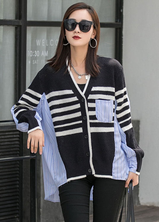 Black Patchwork Striped Button Asymmetrical Design Fall Long Sleeve Top