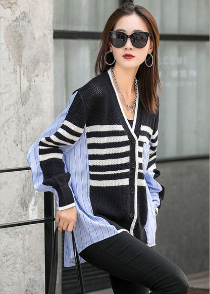 Black Patchwork Striped Button Asymmetrical Design Fall Long Sleeve Top