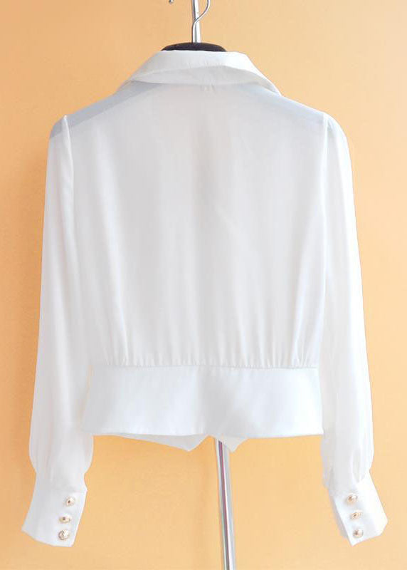 Black Peter Pan Collar Patchwork Wrinkled Chiffon Shirt Tops Long Sleeve