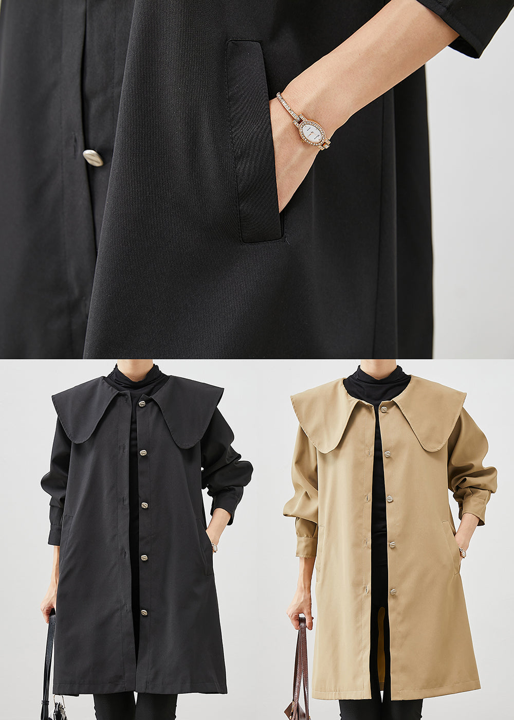 Black Peter Pan Collar Pockets Cotton Coat Outwear Fall