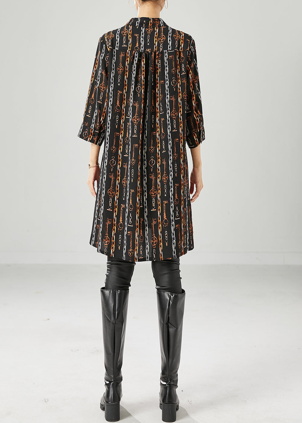 Black Peter Pan Collar Print Chiffon Shirt Dress Bracelet Sleeve