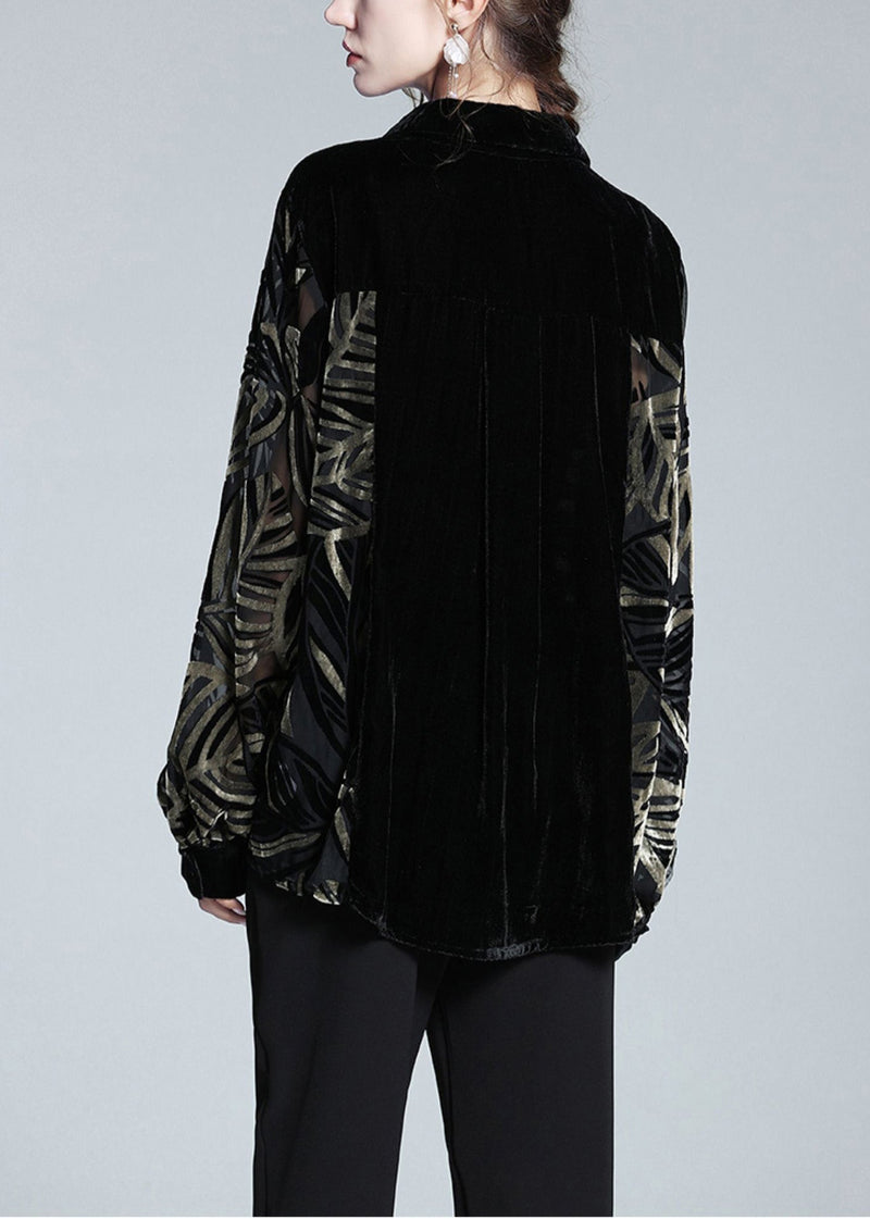 Black Peter Pan Collar Print Patchwork Button Silk Velour Shirt Long Sleeve