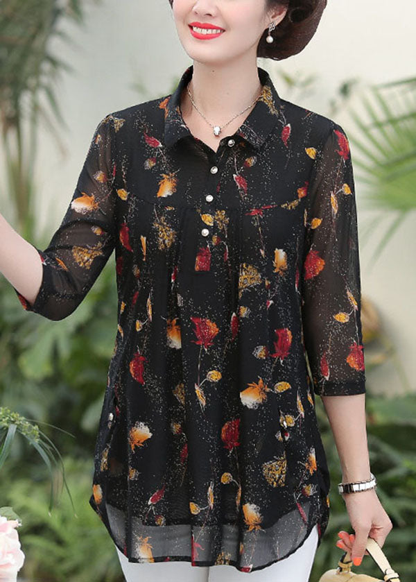 Black Peter Pan Collar Print Patchwork Silk Shirts Top Summer