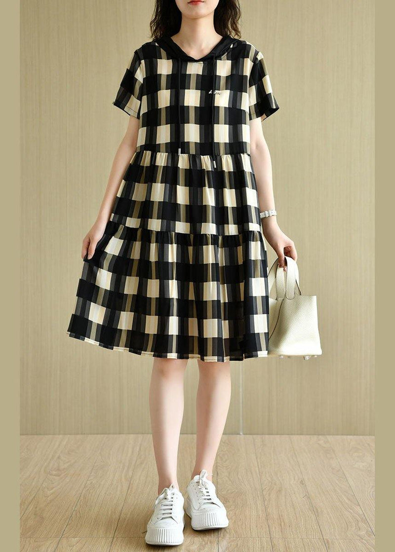Black Plaid Hooded Patchwork Summer Cotton Dresses
