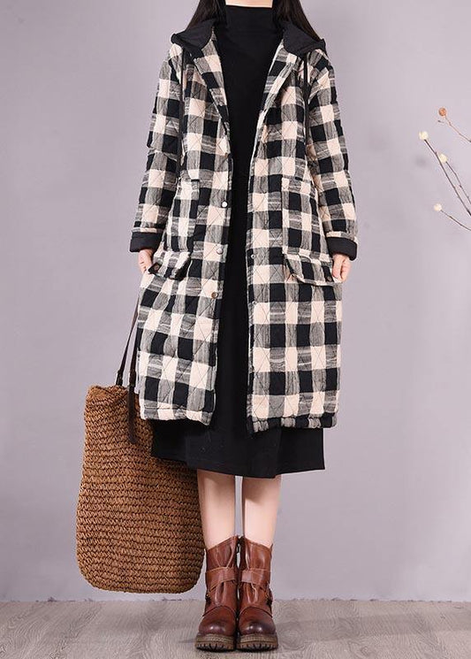 Black Plaid Parkas for Coats Hooded Pockets Outwear
