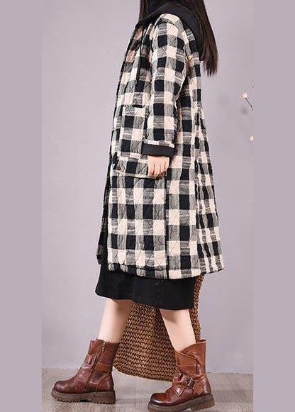 Black Plaid Parkas for Coats Hooded Pockets Outwear