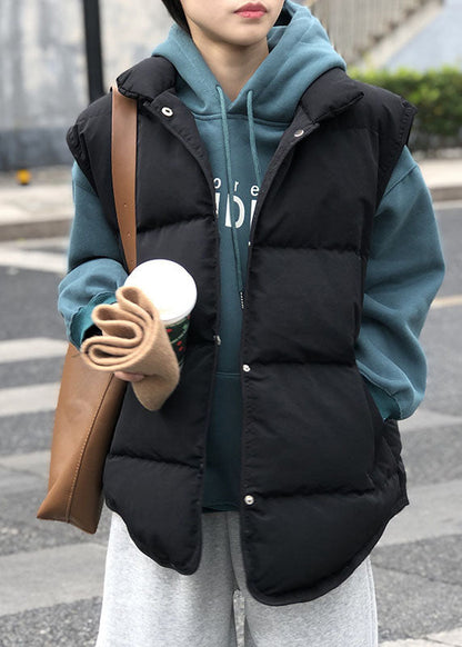 Black Pockets Button Patchwork Winter Warm Sleeveless Puffer Vest