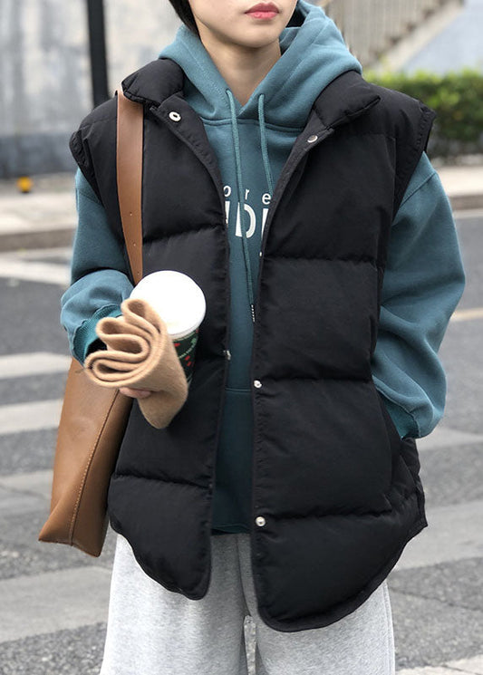 Black Pockets Button Patchwork Winter Warm Sleeveless Puffer Vest