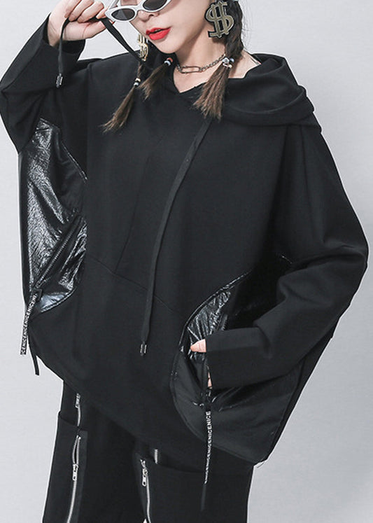 Elegant Black Pockets Patchwork Drawstring Pullover Batwing Sleeve