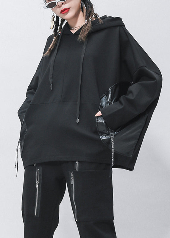 Black Pockets Patchwork Drawstring Pullover Batwing Sleeve
