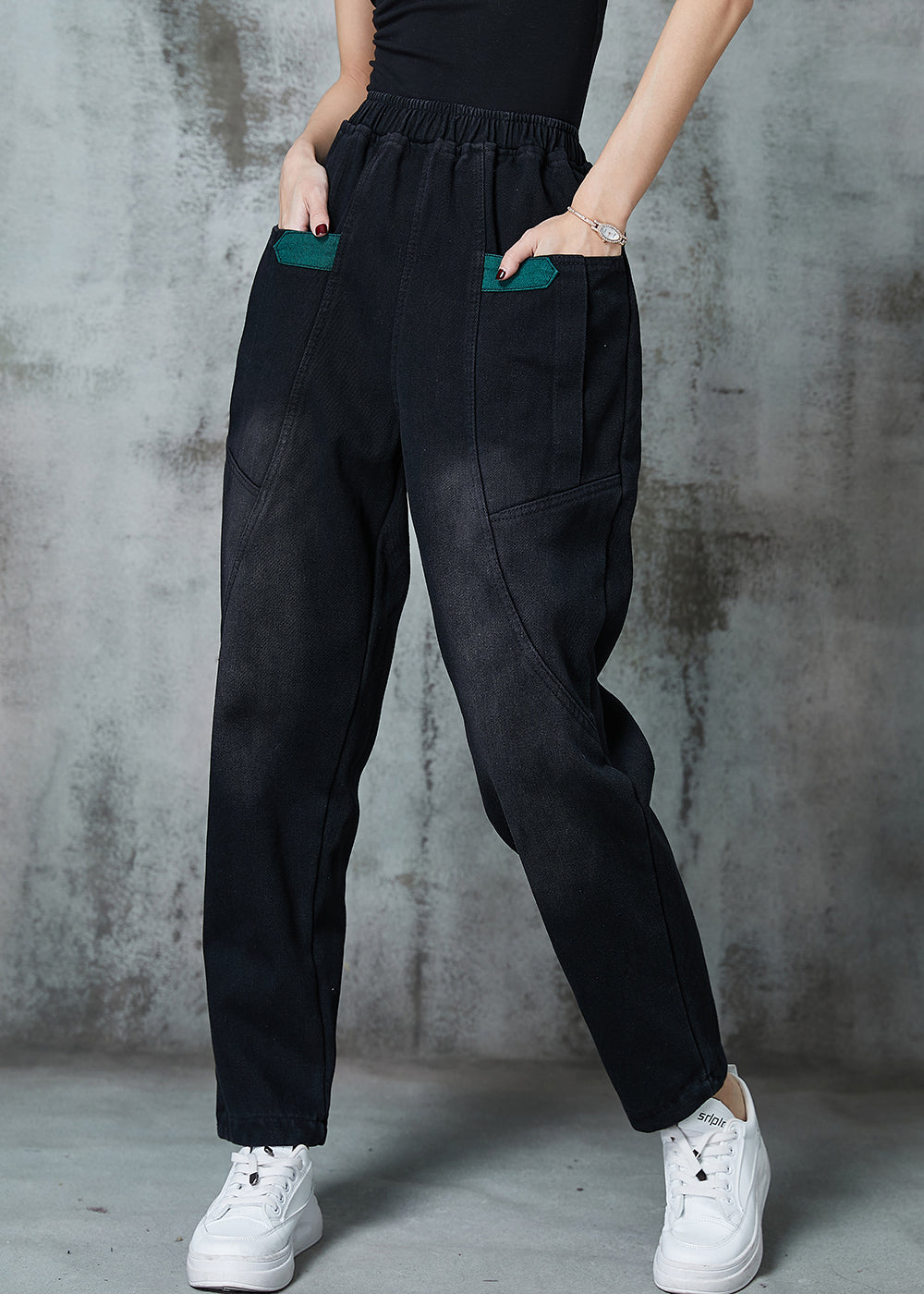 Black Pockets Warm Fleece Denim Pants Spring