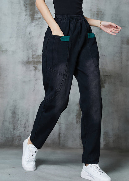 Black Pockets Warm Fleece Denim Pants Spring