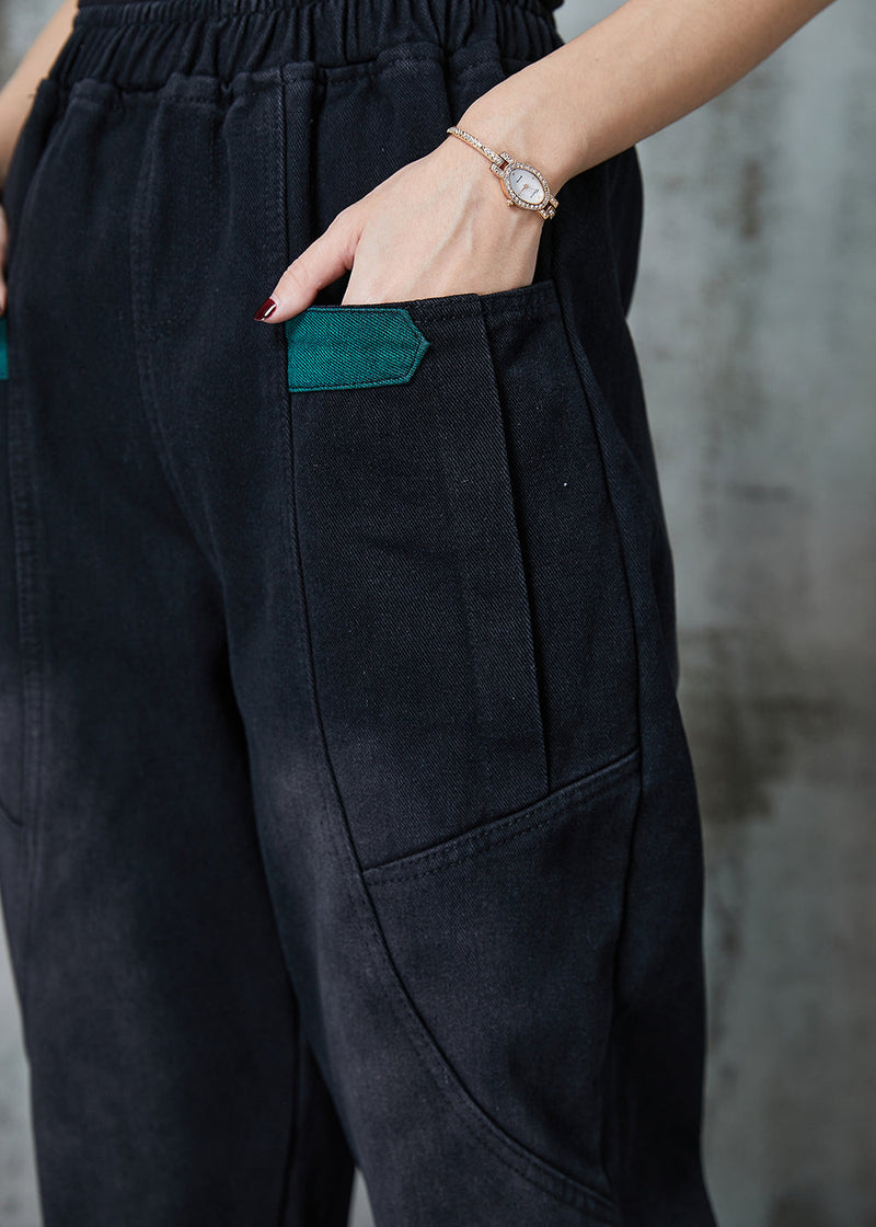 Black Pockets Warm Fleece Denim Pants Spring