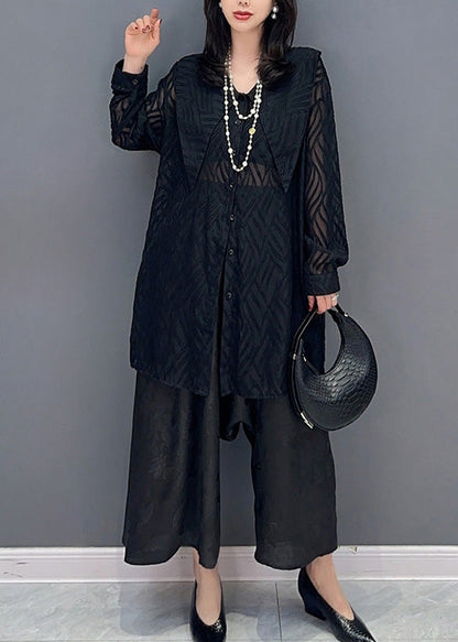 Black Print Button Chiffon Shirts and Wide Leg Pants Two Pieces Set Summer