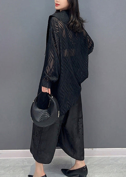 Black Print Button Chiffon Shirts and Wide Leg Pants Two Pieces Set Summer