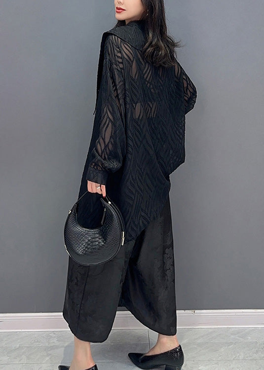 Black Print Button Chiffon Shirts and Wide Leg Pants Two Pieces Set Summer