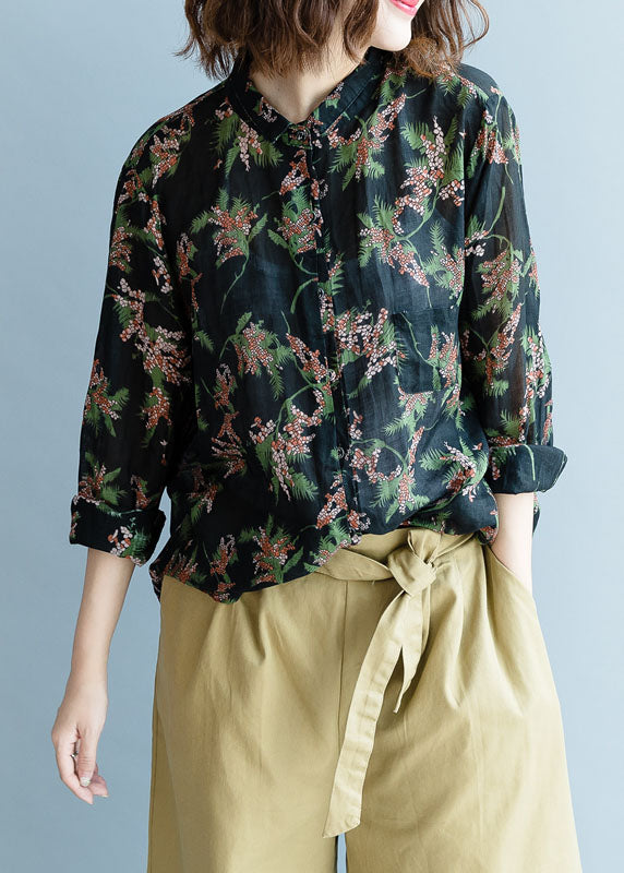 Black Print Button Linen Shirt Tops Spring