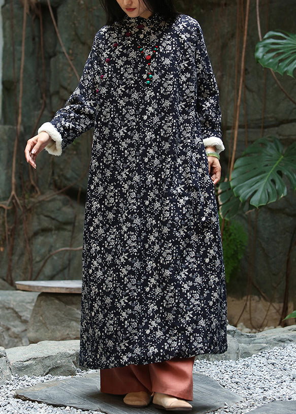 Black Print Button Patchwork Warm Fleece Maxi Dresses Winter