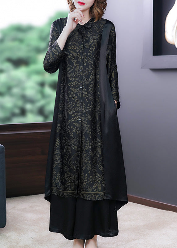 Black Print Button Silk Long Shirts and Wide Leg Pants Two Piece Set Long Sleeve