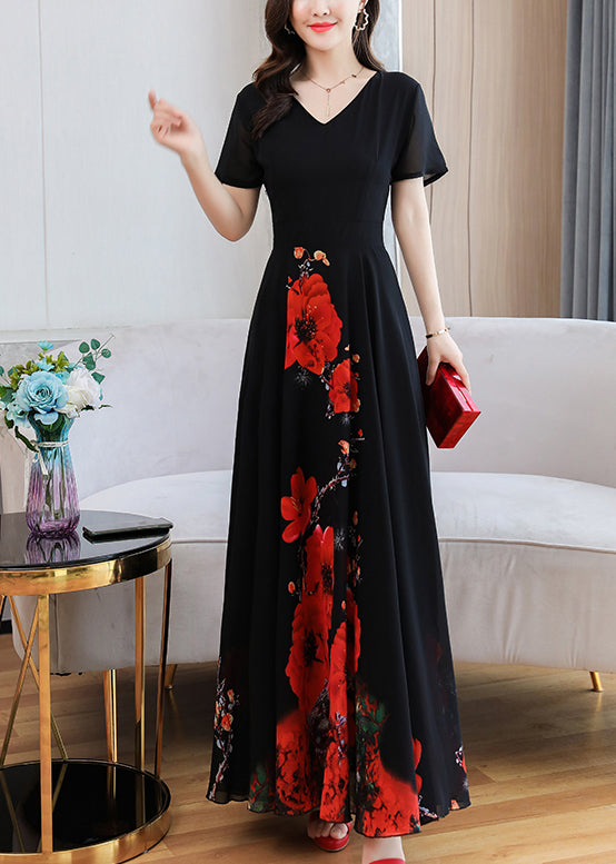 Black Print Chiffon Maxi Holiday Dress Summer