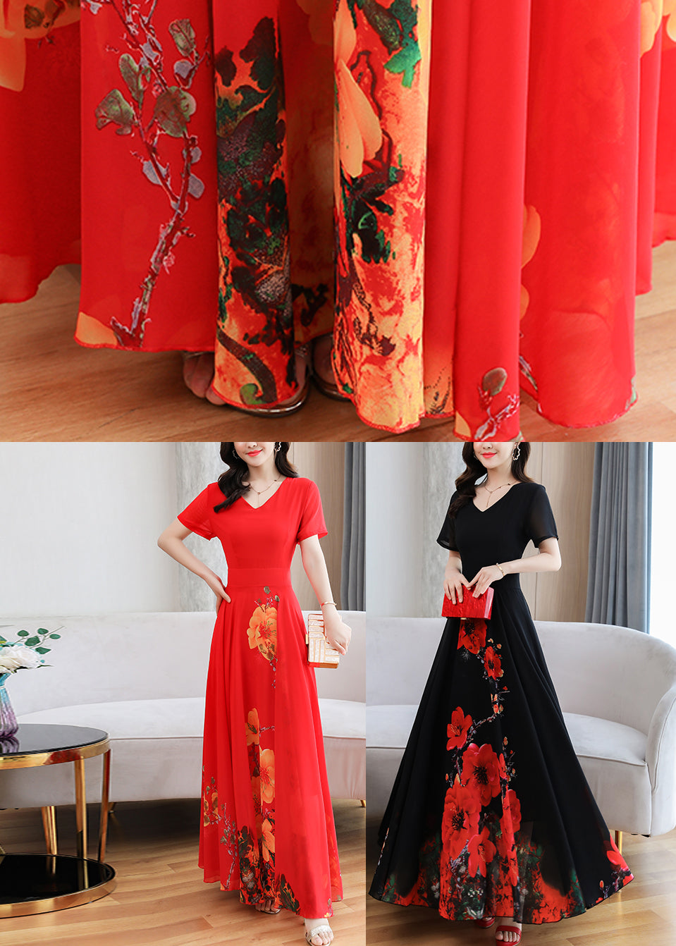 Black Print Chiffon Maxi Holiday Dress Summer