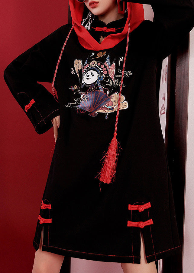 Black Print Drawstring Button Hooded Mid Dresses Long Sleeve