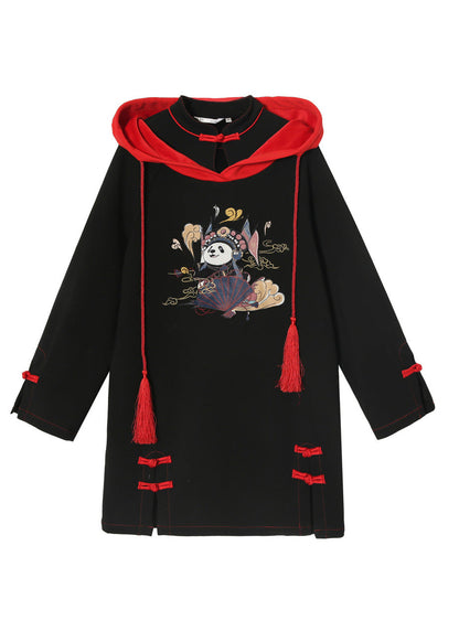 Black Print Drawstring Button Hooded Mid Dresses Long Sleeve
