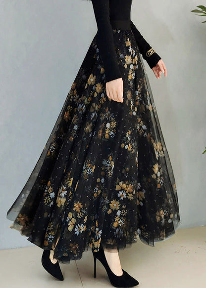 Black Print High Waist Maxi Skirts Spring