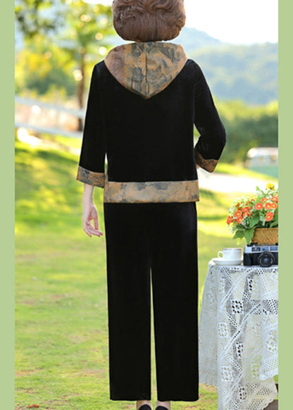 Black Print Patchwork Hooded Silk Velour Top and Wide Leg Pants Two Pieces Set Fall