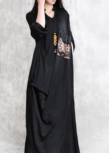 Black Print Patchwork Linen Maxi Dress Half Sleeve