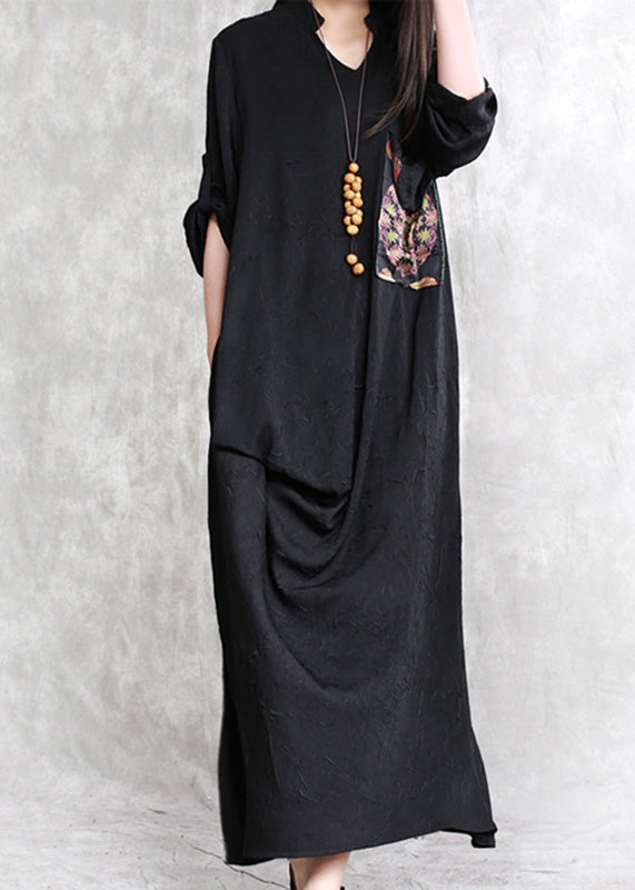 Black Print Patchwork Linen Maxi Dress Half Sleeve
