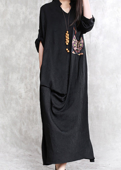 Black Print Patchwork Linen Maxi Dress Half Sleeve