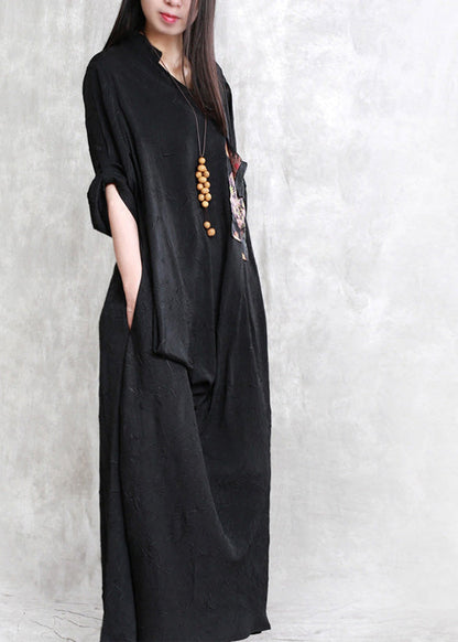 Black Print Patchwork Linen Maxi Dress Half Sleeve