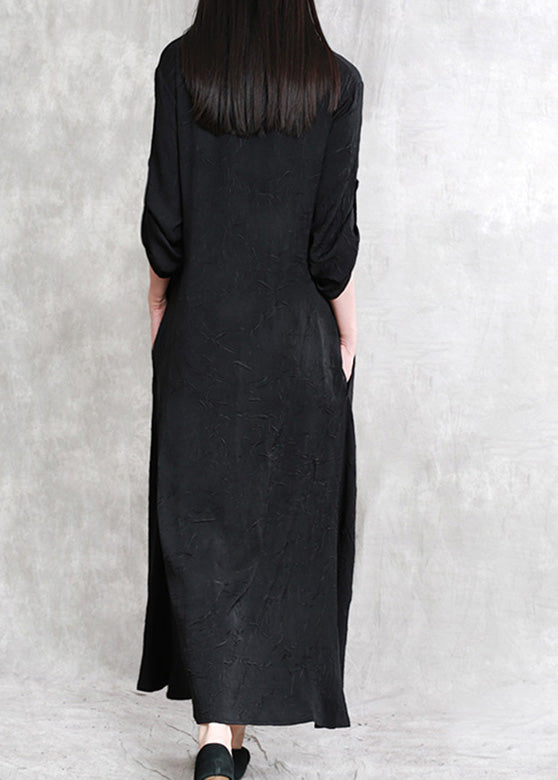 Black Print Patchwork Linen Maxi Dress Half Sleeve