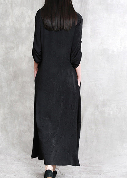 Black Print Patchwork Linen Maxi Dress Half Sleeve