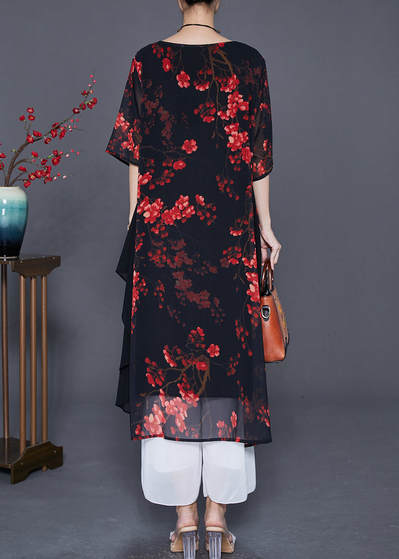 Black Print Patchwork Ruffles Chiffon Dresses Summer