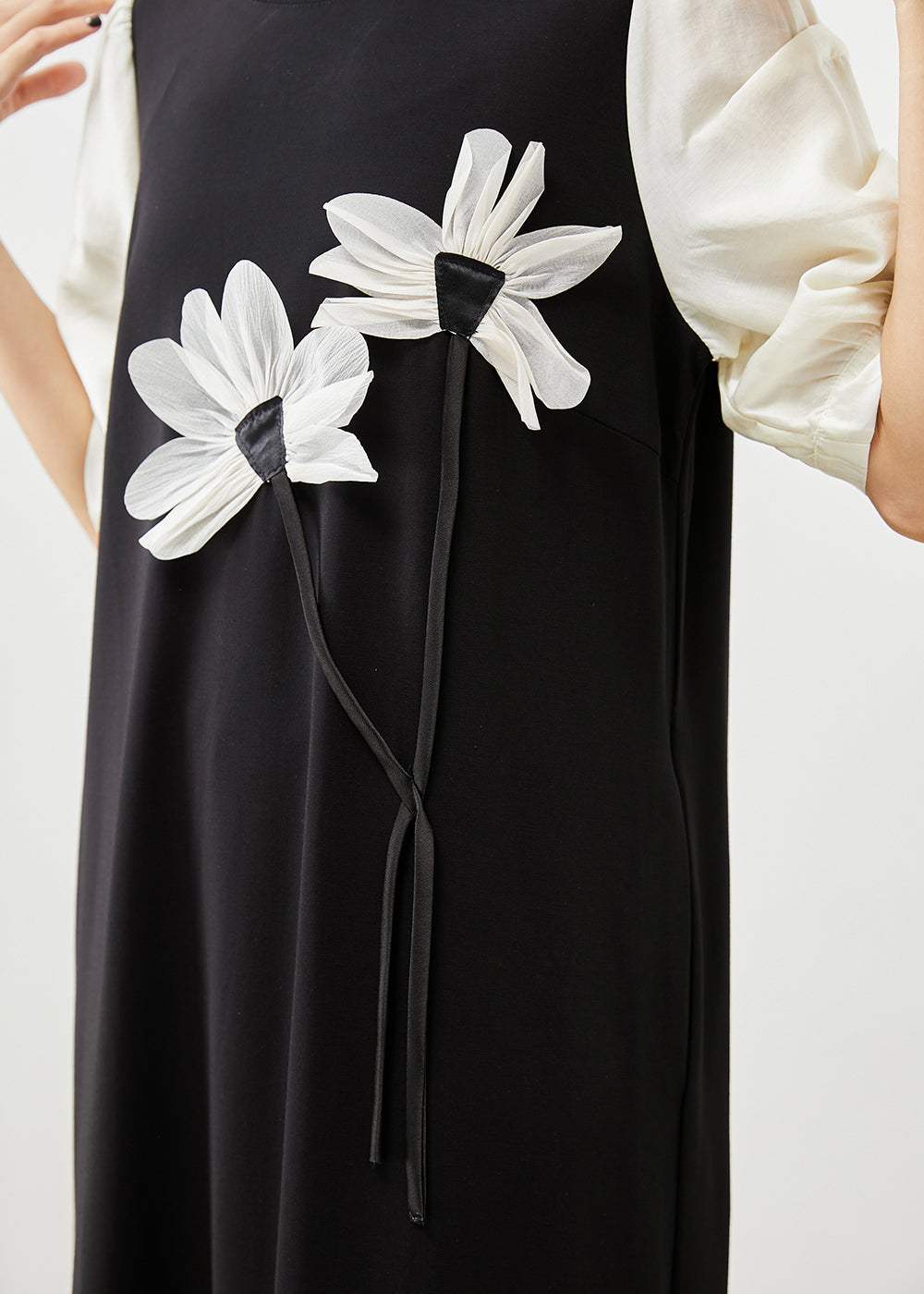 Black Puff Sleeve Patchwork Applique Spandex Dress