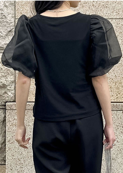 Black Puff Sleeve Wrinkled Cotton Tanks